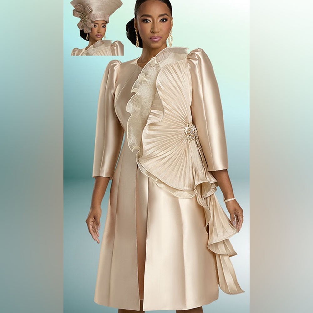 Donna Vinci Gold Asymmetrical Pleated Dress with 3/4 Sleeves - Picture 2 of 3
